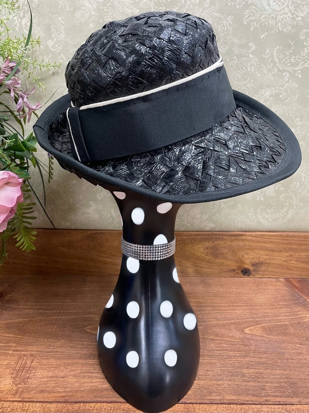 Vintage 1960s Black Cello Straw Basket Weave Rolled Brim Hat Mod Mid Century - Picture 4 of 9